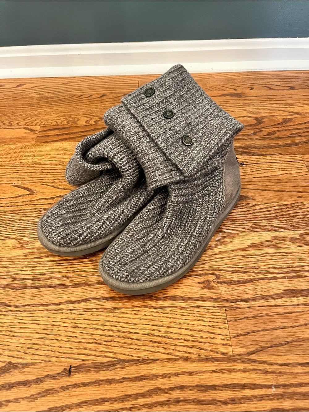 UGG Cozy Knit Fold-Over Boot Slippers in Heather Gray